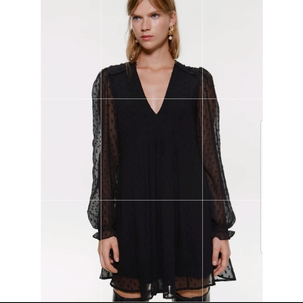 Zara Black Dotted Chiffon Mini Dress V-neck Long Sleeve Fit And Flare Size XS